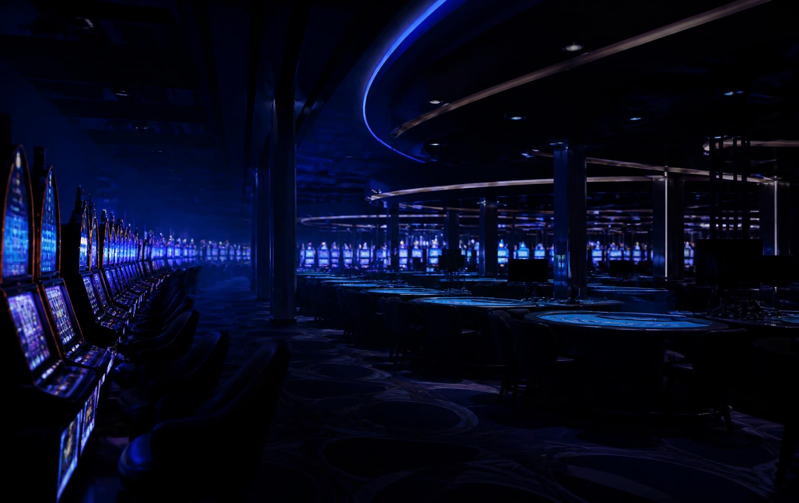 Arched gaming hall of a modern casino with green marble and brass detailing