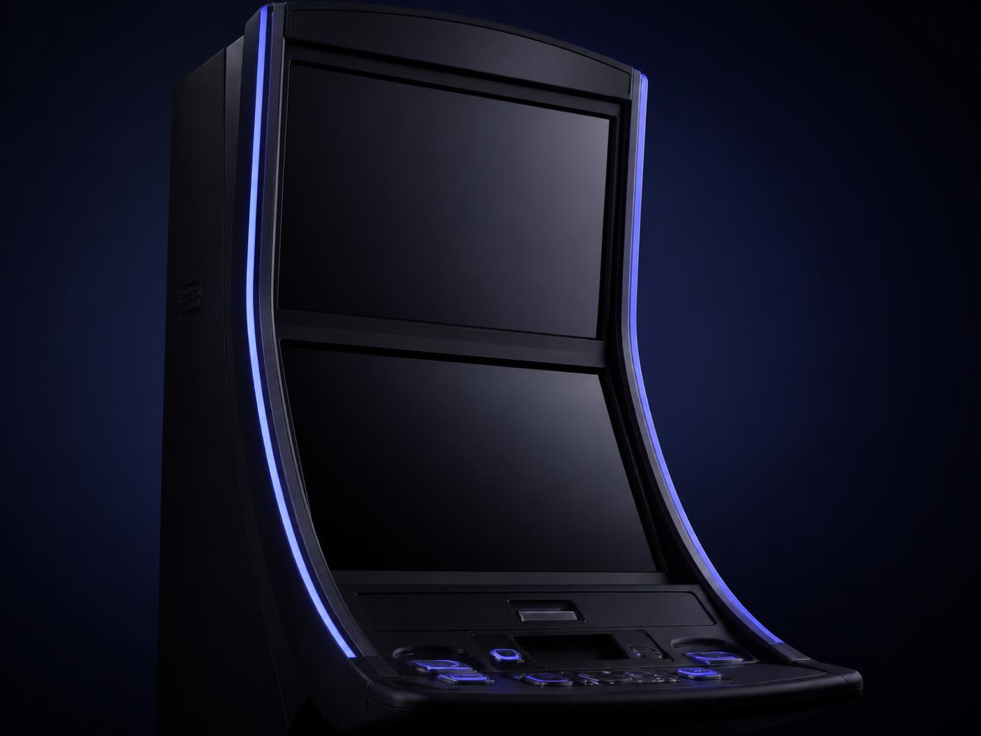 Curved dual-screen slot cabinet installed on a casino floor