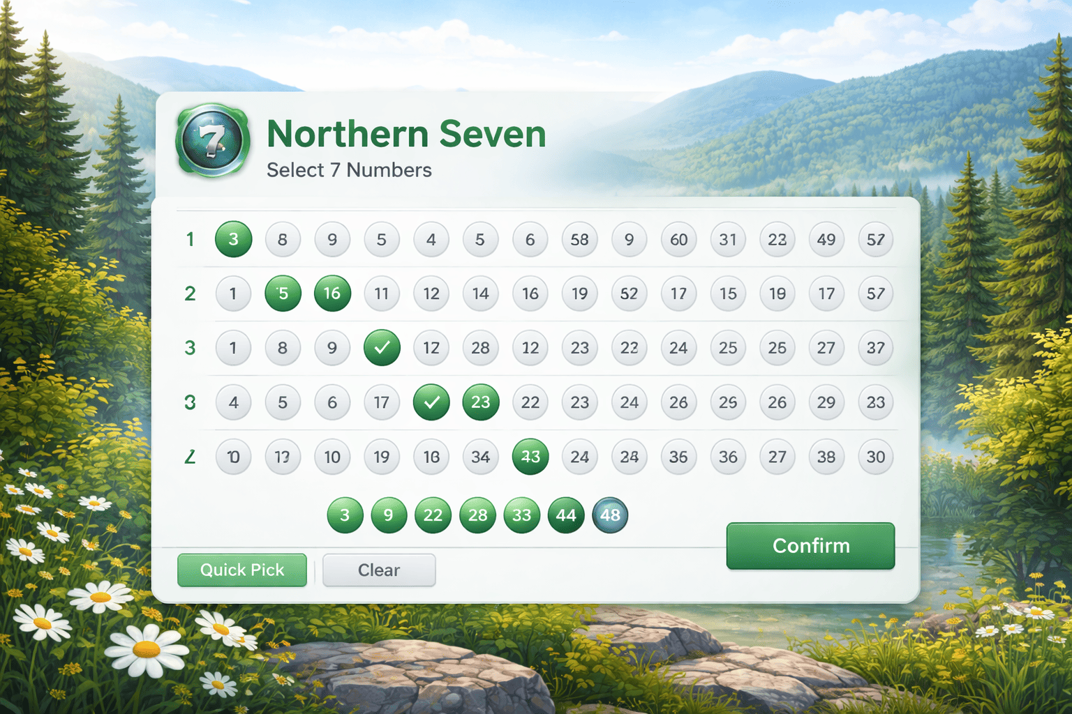 Northern Seven lottery interface showing a structured seven-number selection grid