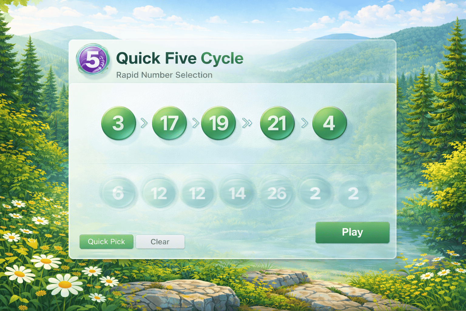 Quick Five Cycle lottery view displaying a rapid number selection pattern
